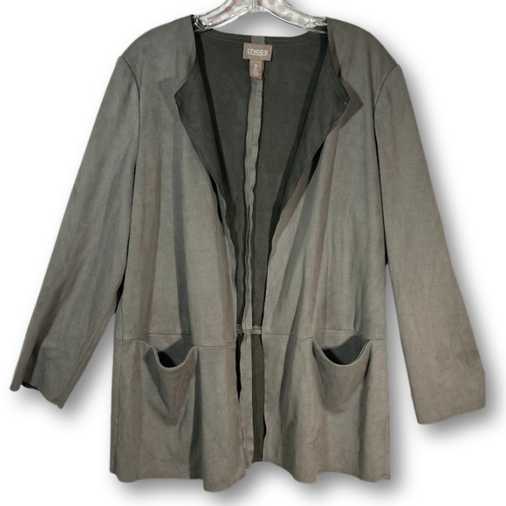 Chico's Open Front‎ Cardigan Jacket Size 2 L Faux Suede 3/4 Sleeve Gray Elegant